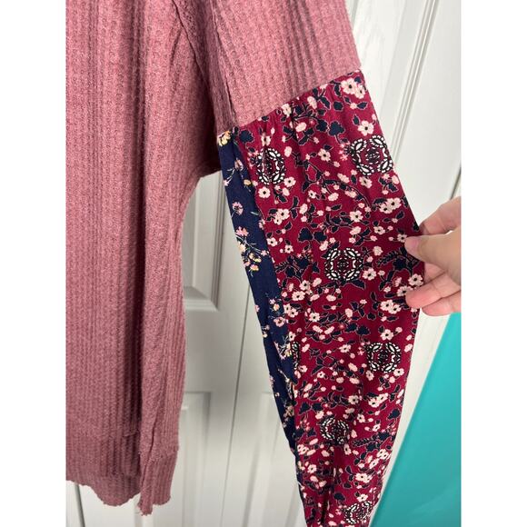 Know Rose Pink Raglan Waffle Knit Boho Top Mixed Print Floral Hippie XXL - Picture 7 of 9